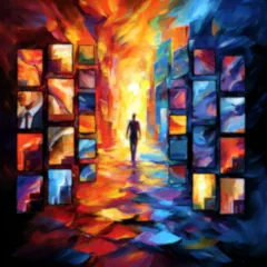 Colorful image representing a career tarot reading with a man walking down a hallway