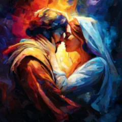 Colorful image portraying a love tarot reading with a man and a woman standing holding each other