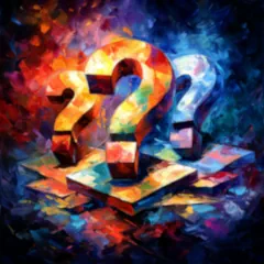 Colorful image portraying a question tarot reading with tarot cards and floating question marks